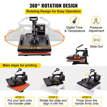 15 In. L X 15 In. W Heat Press Machine 8 in 1 Dual LED Display 360° Rotation Swing Away T-Shirt Press Machine, Black