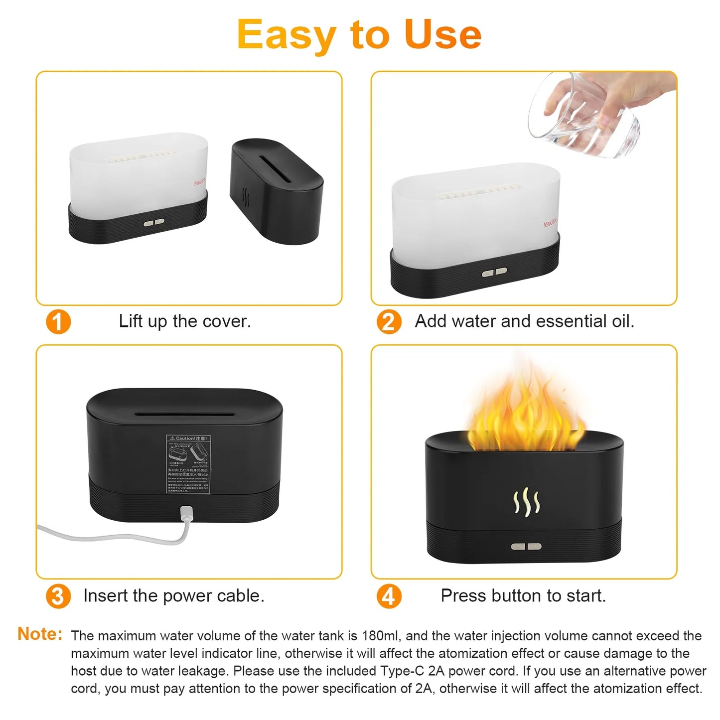 180ml Flame Air Humidifier and Essential Oil Diffuser with 3D USB 7-Color Lighting for Home, Office, Spa, and Gym