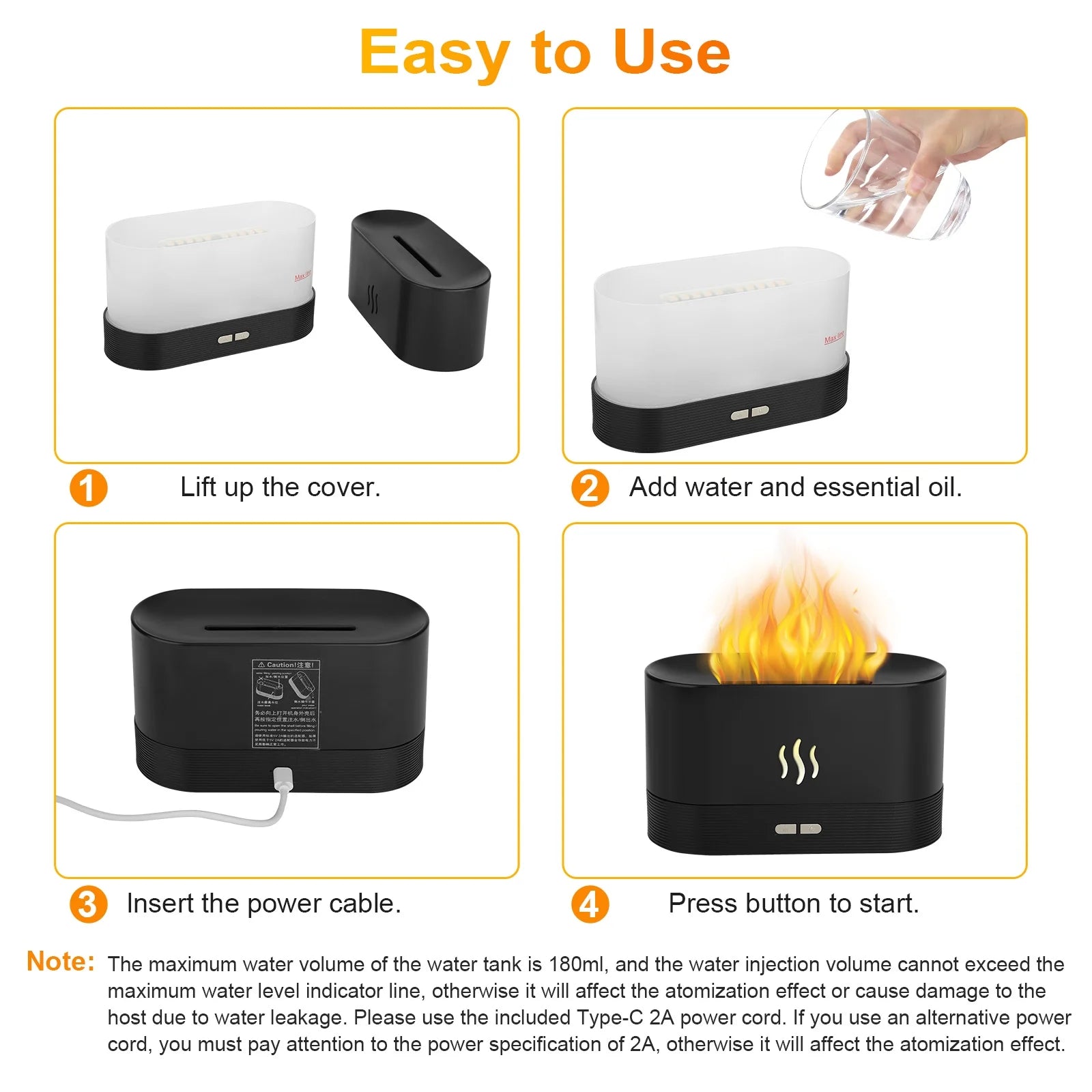 180ml Flame Air Humidifier and Essential Oil Diffuser with 3D USB 7-Color Lighting for Home, Office, Spa, and Gym