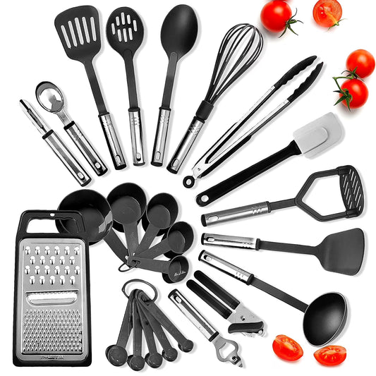 24-Piece Stainless Steel Cooking Utensils Set with Non-Stick Cookware and Heat Resistant Nylon Tools - Black