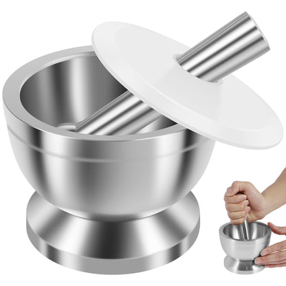 Stainless Steel Mortar and Pestle Set - Efficient Spice Crusher with Silicone Lid and Anti-Slip Base, Rustproof Pill Crusher for Grinding Herbs and Seasonings in the Kitchen