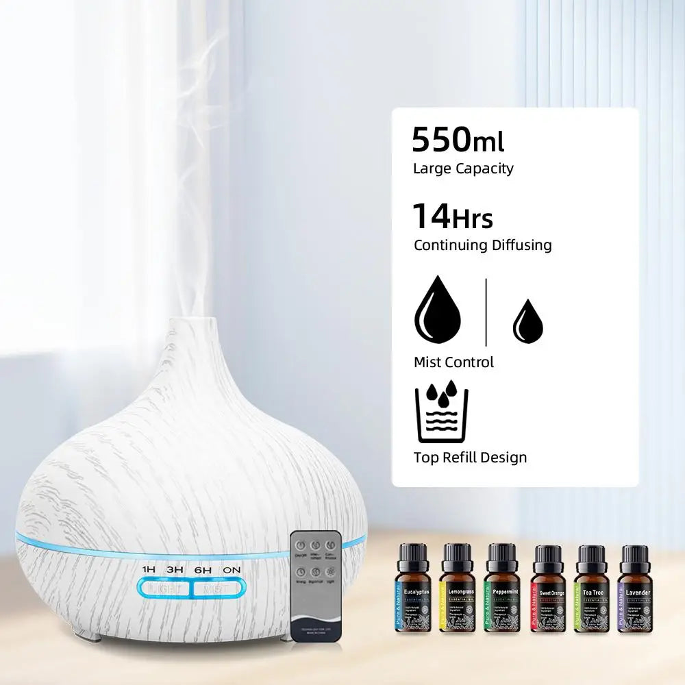 550ml Essential Oil Diffuser with Auto-Off Timer and LED Humidifier - Eco-Friendly for Home and Office Use