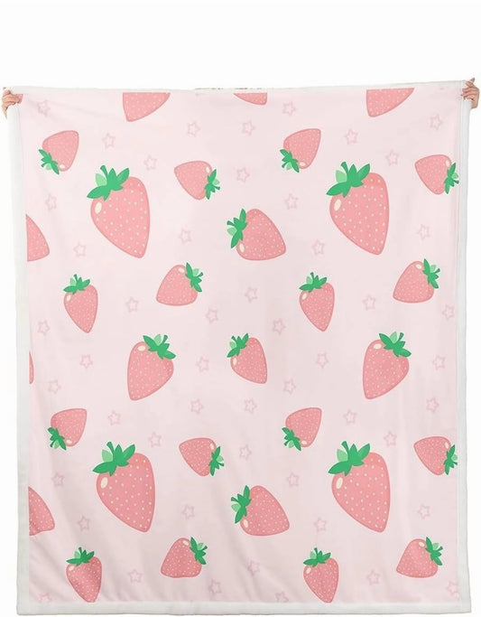 Strawberry Print Pink Throw Blanket - Kawaii Aesthetic Cozy Home Decor for Sofa, Bed, or Couch with Holiday Vibes