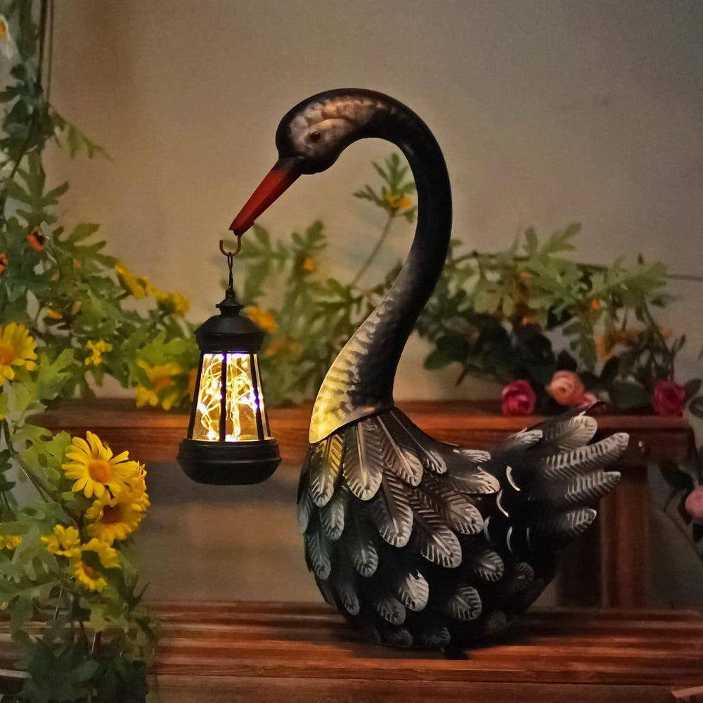 17-Inch Black Metal Solar Swan Garden Statue - Elegant Outdoor Bird Decor for Lawn, Patio, and Poolside