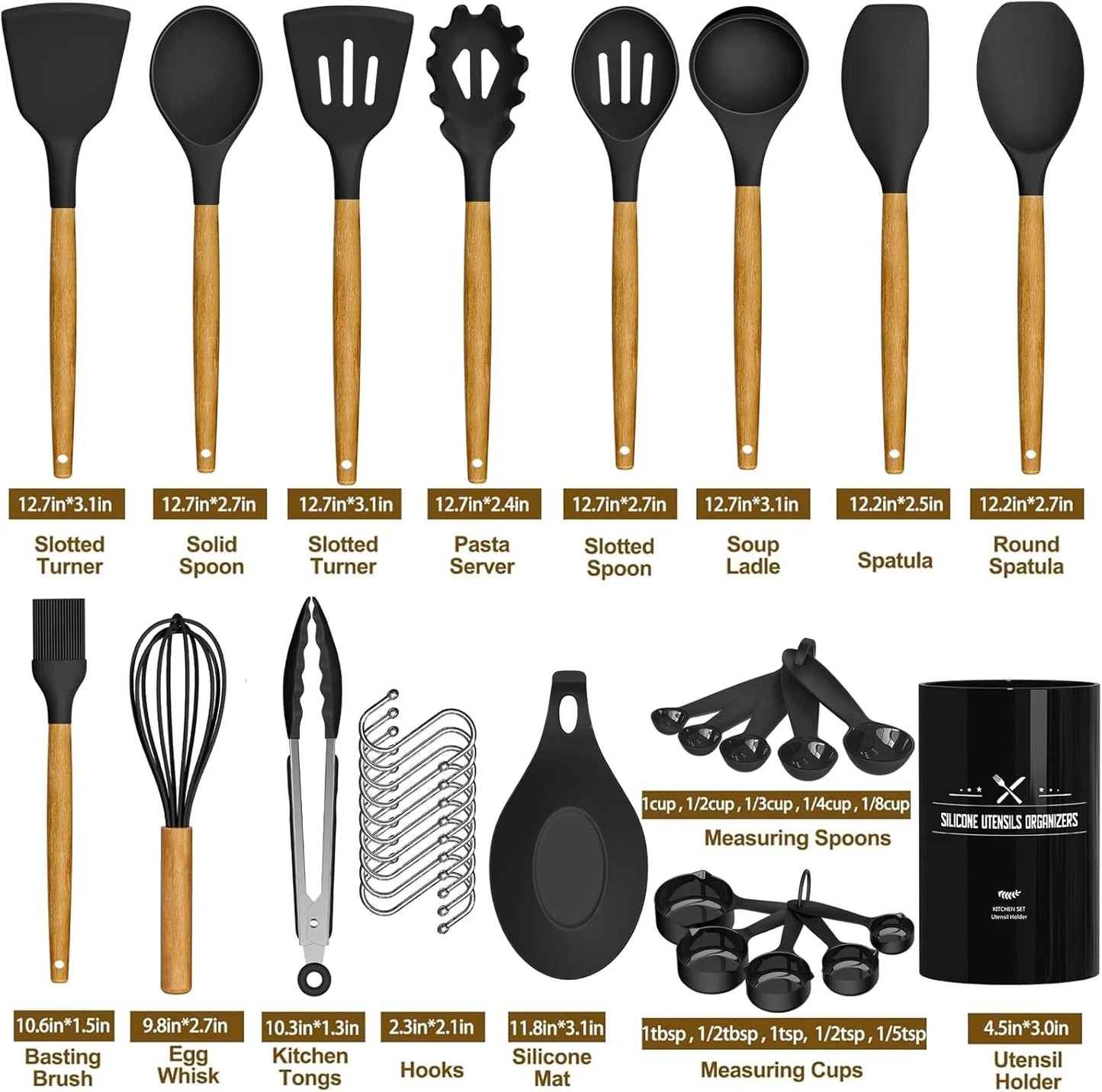 33-Piece Non-Stick Silicone Kitchen Utensils Set with Holder and Wooden Handles (Black)