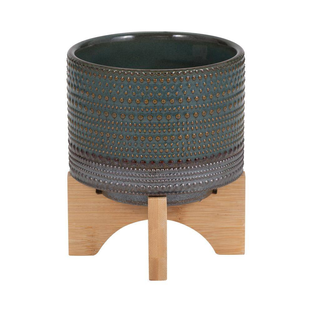 6-Inch Green and Brown Ceramic Planter with Bamboo Stand