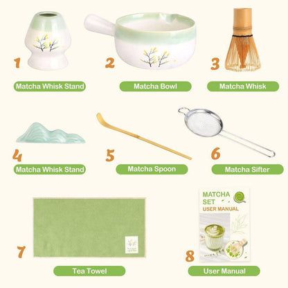 Matcha Whisk Set - Complete Matcha Kit with Handled Bowl, Sifter, Whisk, Spoon, Stand Holder, and Towel for Culinary Use and Holiday Gifting