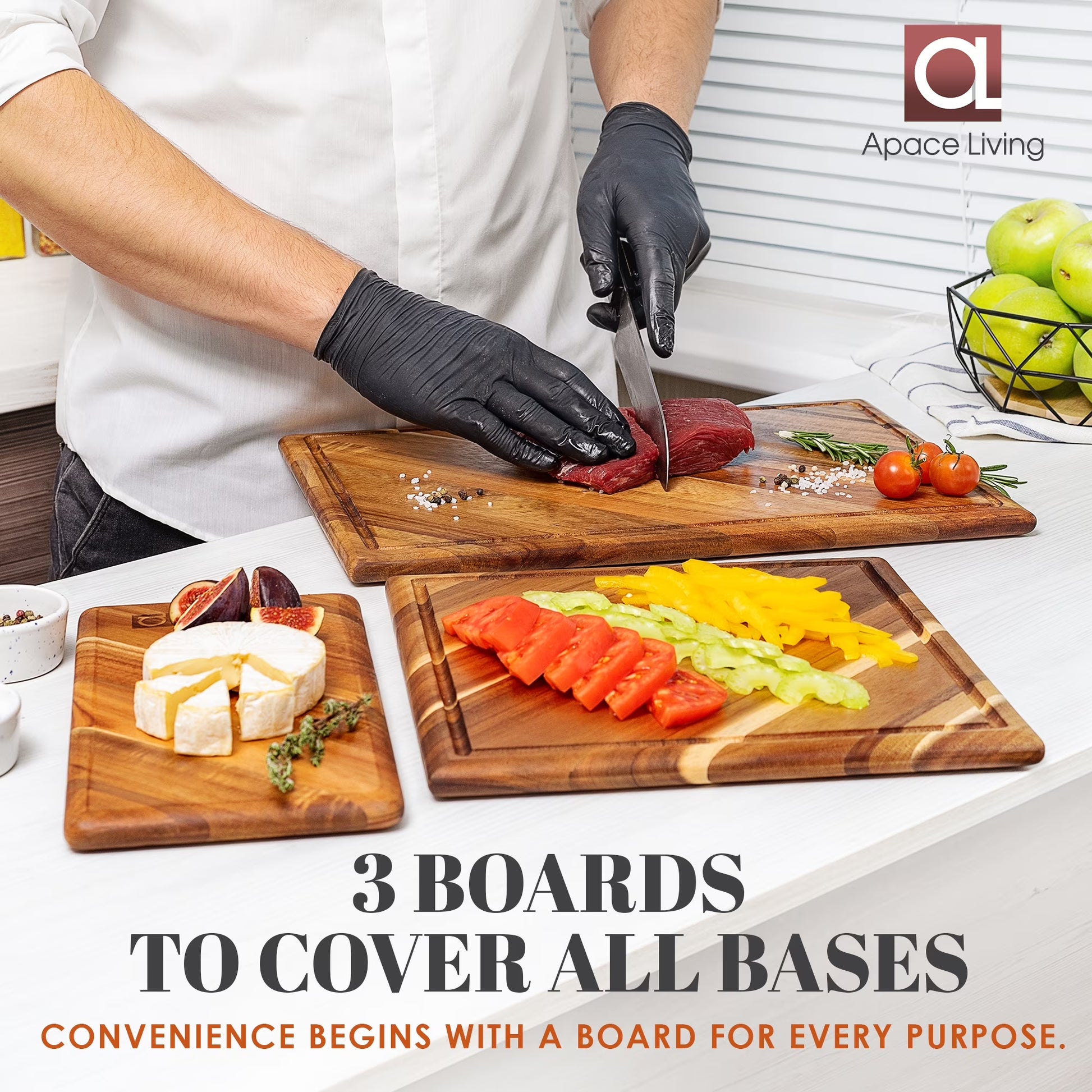 Chorus Acacia Wood Cutting Board Set with Juice Groove - 3-Piece Natural Hardwood Kitchen Chopping Boards for Meat, Vegetables, and Cheese