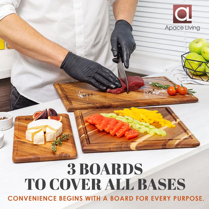 Chorus Acacia Wood Cutting Board Set with Juice Groove - 3-Piece Natural Hardwood Kitchen Chopping Boards for Meat, Vegetables, and Cheese