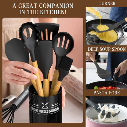 33-Piece Non-Stick Silicone Kitchen Utensils Set with Holder and Wooden Handles (Black)
