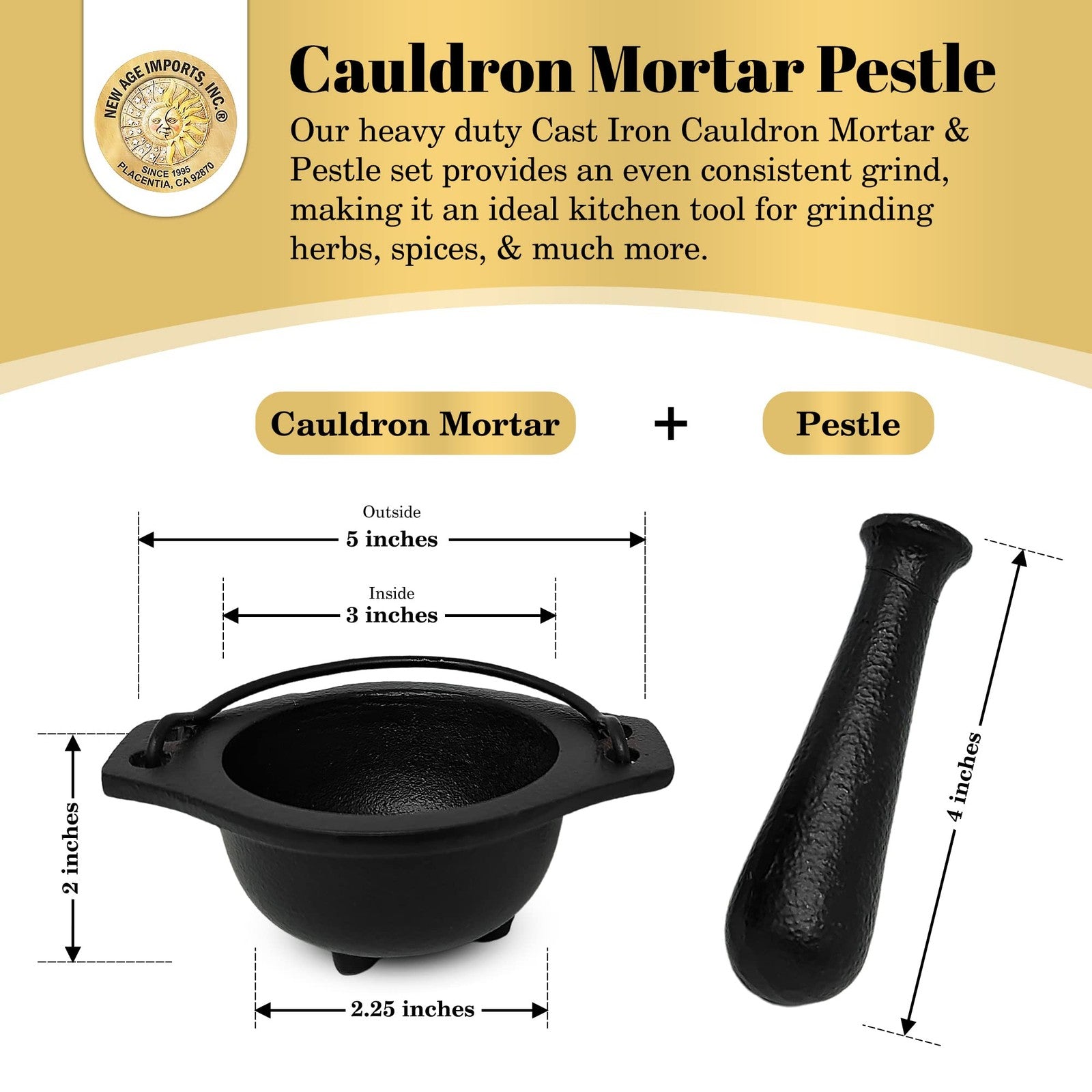 Cast Iron Mortar and Pestle Set in Cauldron Design