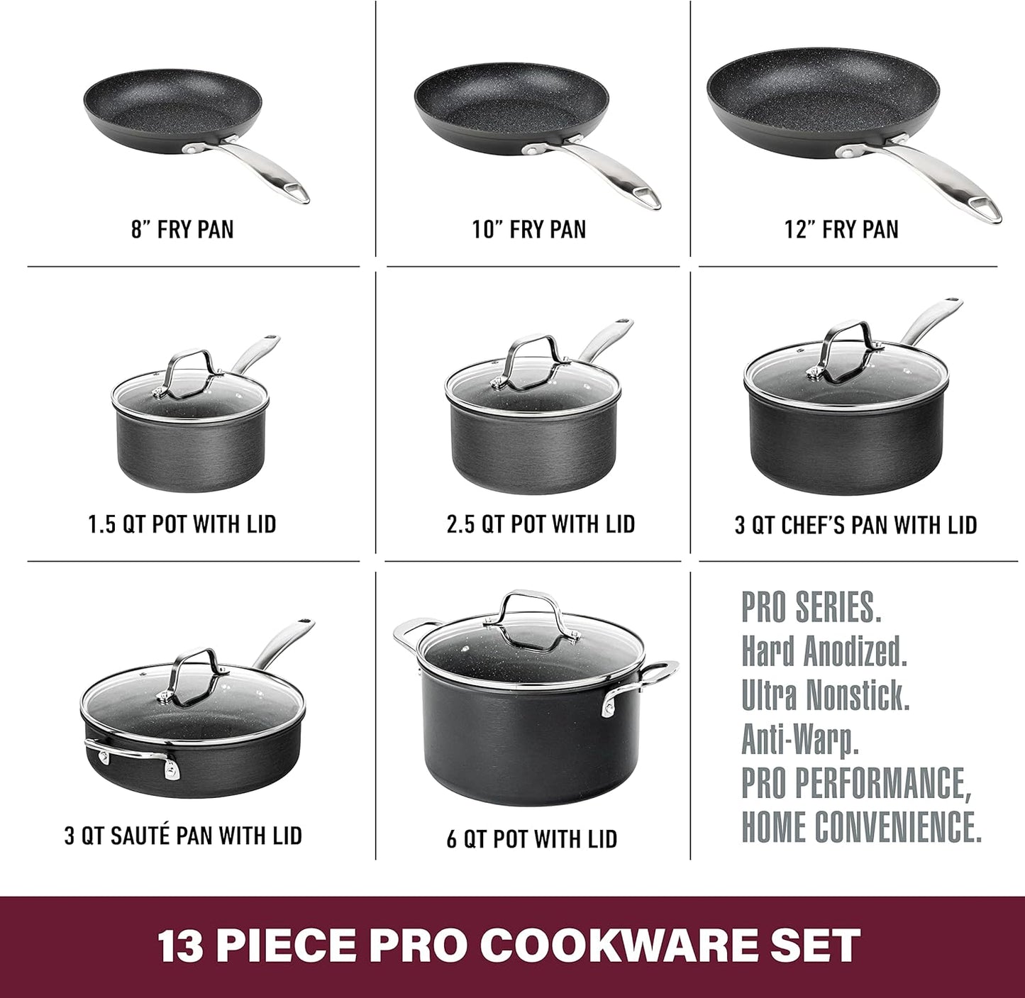 13-Piece Hard Anodized Non-Stick Cookware Set with Lids, Dishwasher Safe Pots and Pans Set