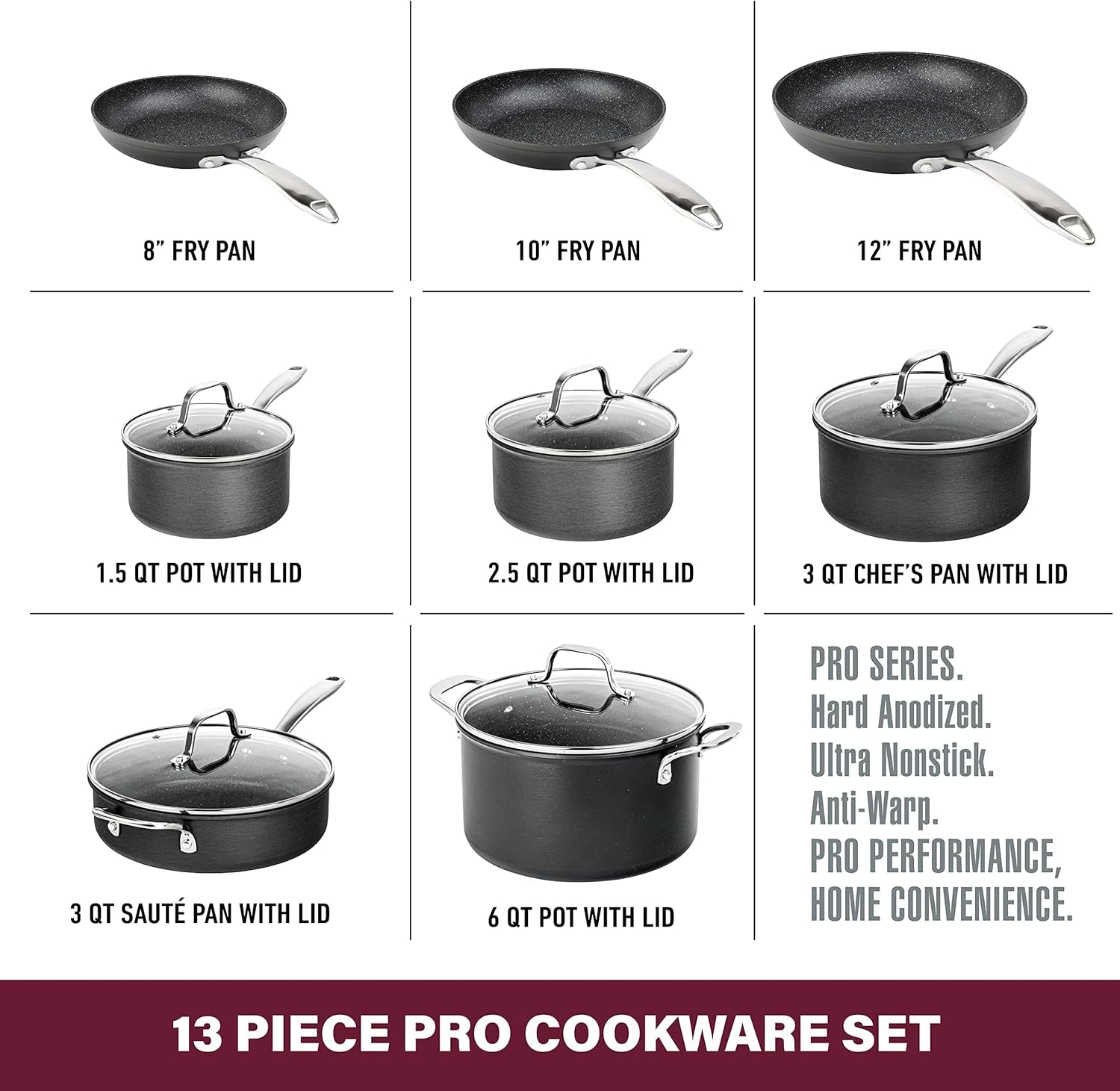 13-Piece Hard Anodized Non-Stick Cookware Set with Lids, Dishwasher Safe Pots and Pans Set