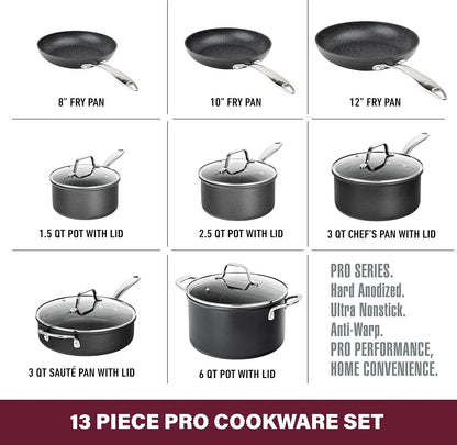 13-Piece Hard Anodized Non-Stick Cookware Set with Lids, Dishwasher Safe Pots and Pans Set