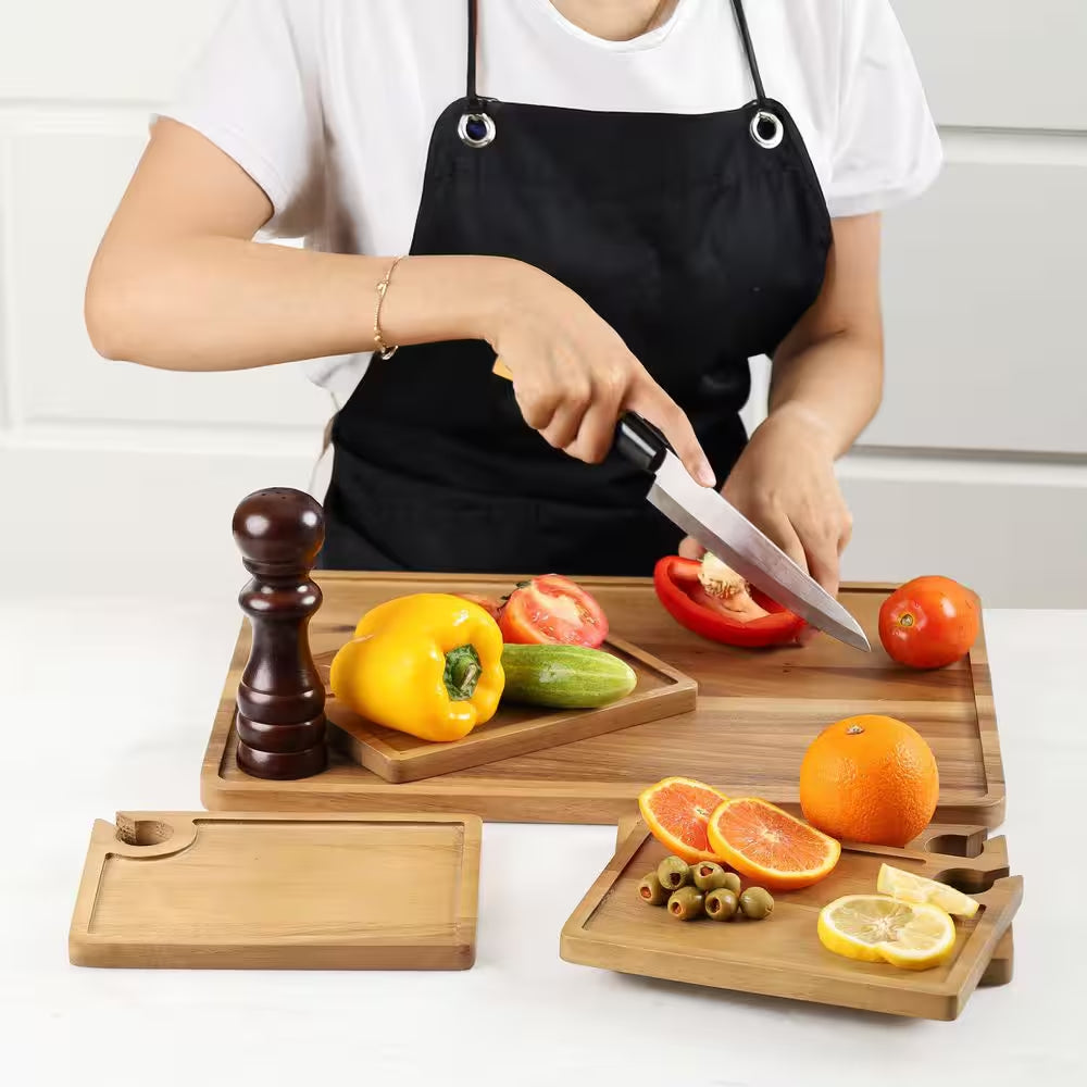 Atelier Acacia Wood 5-Piece Wine and Appetizer Plate Set with Serving Tray - Natural Brown Charcuterie and Cheese Board