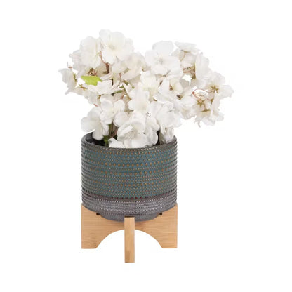 6-Inch Green and Brown Ceramic Planter with Bamboo Stand
