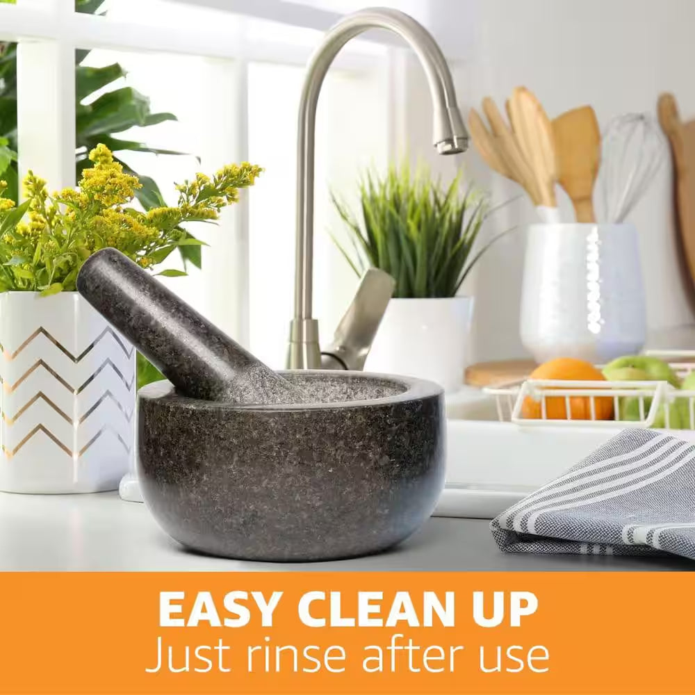 Granite Essentials Black Granite Mortar and Pestle Set with Anti-Slip Base for Culinary Mastery, Herb Crushing, and Spice Grinding