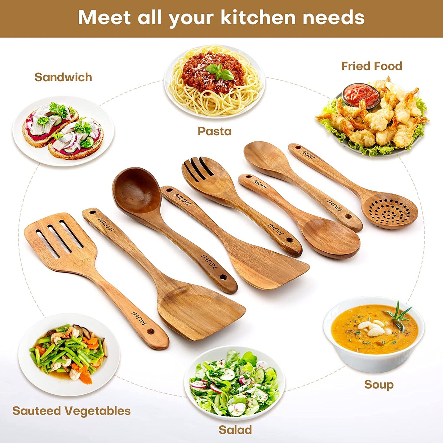 Teak Wooden Cooking Utensil Set - 8-Piece Nonstick, Non-Scratch Kitchen Spoons
