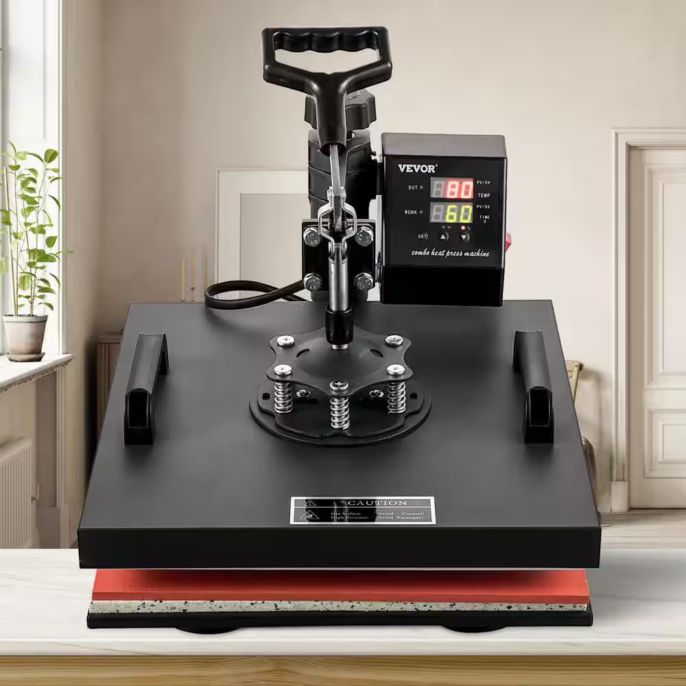 15 In. L X 15 In. W Heat Press Machine 8 in 1 Dual LED Display 360° Rotation Swing Away T-Shirt Press Machine, Black