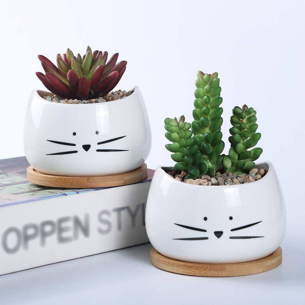 Set of 3 White Ceramic Cat Succulent Window Boxes for Indoor and Outdoor Use, 3.2" L x 3.2" W x 2.66" H