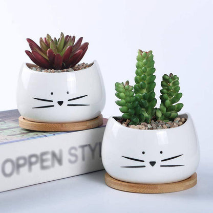 Set of 3 White Ceramic Cat Succulent Window Boxes for Indoor and Outdoor Use, 3.2" L x 3.2" W x 2.66" H