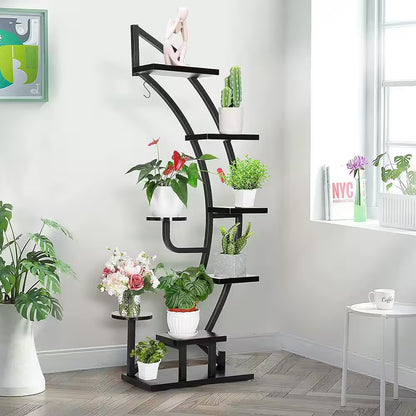 6-Tier 9 Potted Steel-Wood Curved Plant Stand with Hanger in Black