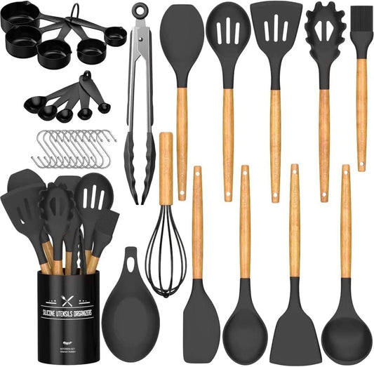 33-Piece Non-Stick Silicone Kitchen Utensils Set with Holder and Wooden Handles (Black)