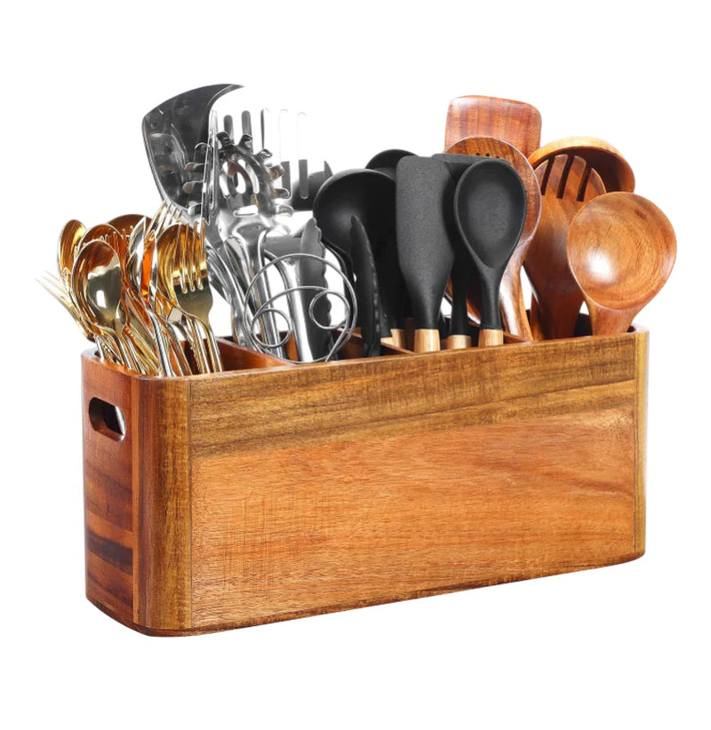 Extra Large Acacia Wood Kitchen Utensil Holder with 4 Compartments - Sturdy Organizer for Cooking Tools and Silverware, Rustic Minimalist Design