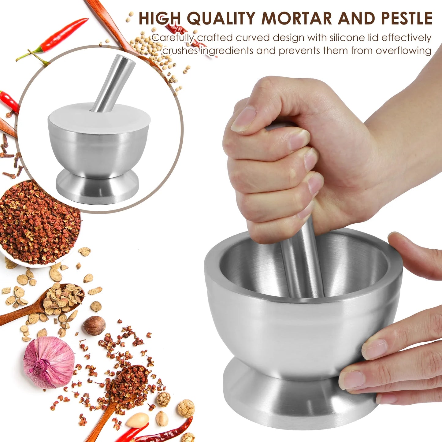 Stainless Steel Mortar and Pestle Set - Efficient Spice Crusher with Silicone Lid and Anti-Slip Base, Rustproof Pill Crusher for Grinding Herbs and Seasonings in the Kitchen
