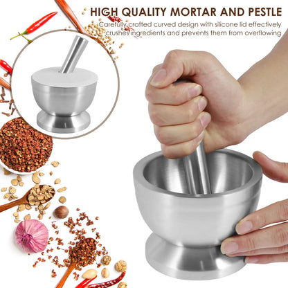 Stainless Steel Mortar and Pestle Set - Efficient Spice Crusher with Silicone Lid and Anti-Slip Base, Rustproof Pill Crusher for Grinding Herbs and Seasonings in the Kitchen