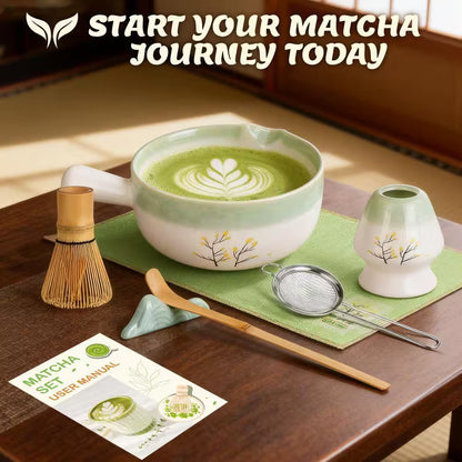 Matcha Whisk Set - Complete Matcha Kit with Handled Bowl, Sifter, Whisk, Spoon, Stand Holder, and Towel for Culinary Use and Holiday Gifting