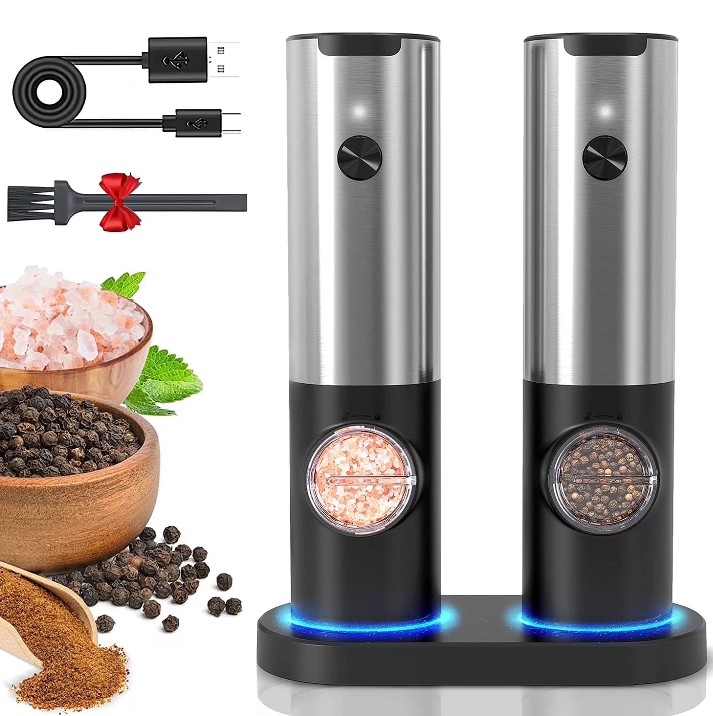 Electric Salt and Pepper Grinder Set - Automatic Rechargeable Spice Mill Shakers with LED Light, Adjustable Coarseness, One-Hand Operation, Stainless Steel Construction