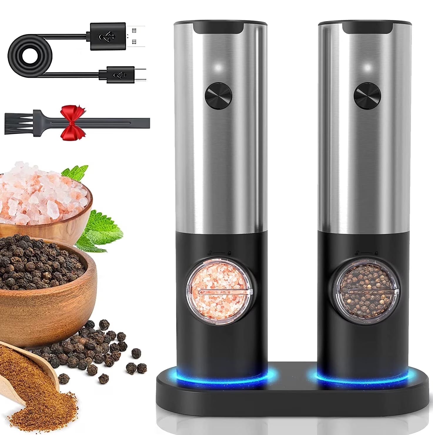 Electric Salt and Pepper Grinder Set - Automatic Rechargeable Spice Mill Shakers with LED Light, Adjustable Coarseness, One-Hand Operation, Stainless Steel Construction