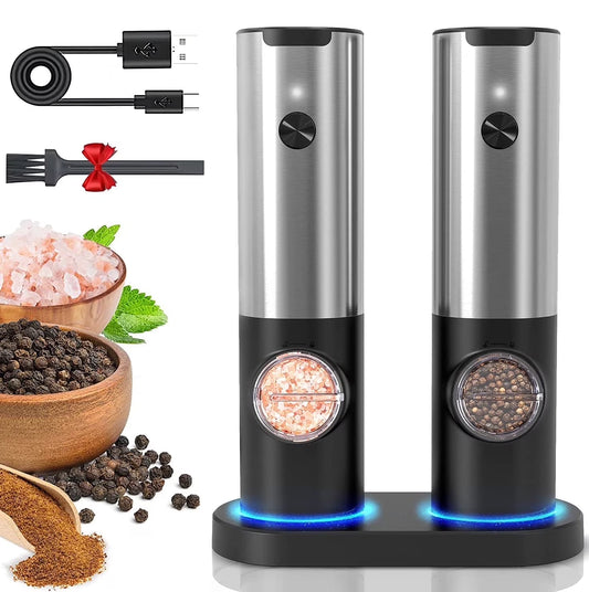 Electric Salt and Pepper Grinder Set - Automatic Rechargeable Spice Mill Shakers with LED Light, Adjustable Coarseness, One-Hand Operation, Stainless Steel Construction
