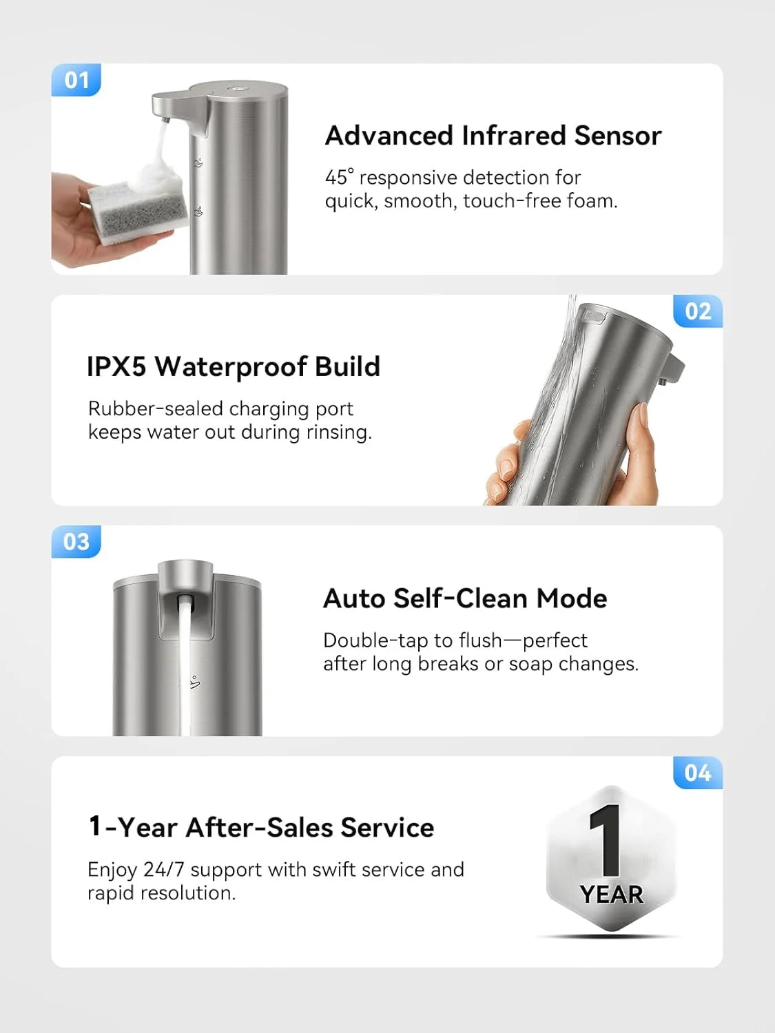 Soap Dispenser, Rechargeable Automatic Soap Dispenser Stainless Steel Touchless Foaming Soap Dispenser for Bathroom Auto Hand Soap Dispenser for Kitchen, Silver, Xmas Gift,9Oz