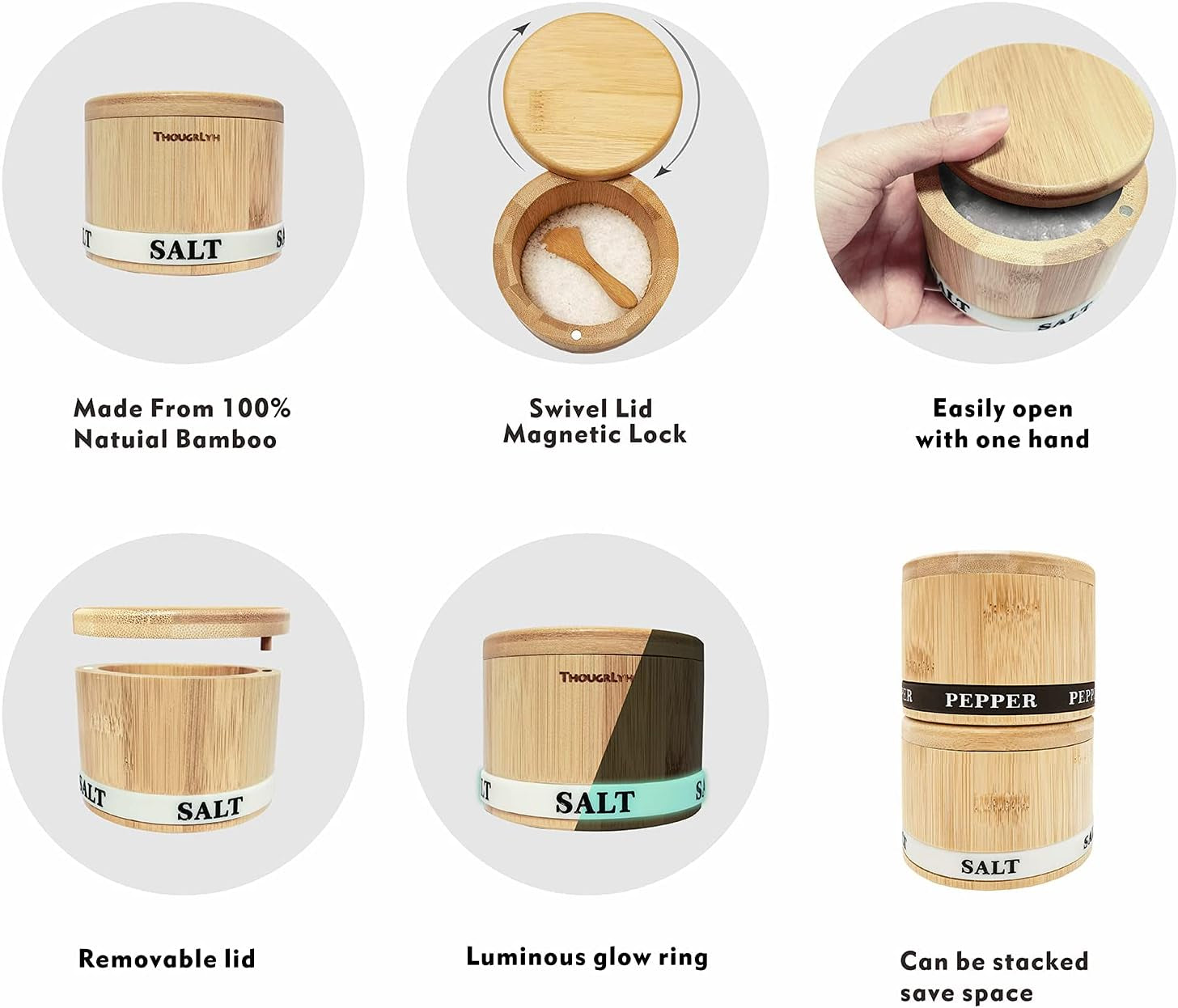Bamboo Salt and Pepper Container with Swivel Lid and Dual Spoons - 13 oz