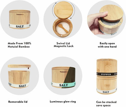 Bamboo Salt and Pepper Container with Swivel Lid and Dual Spoons - 13 oz