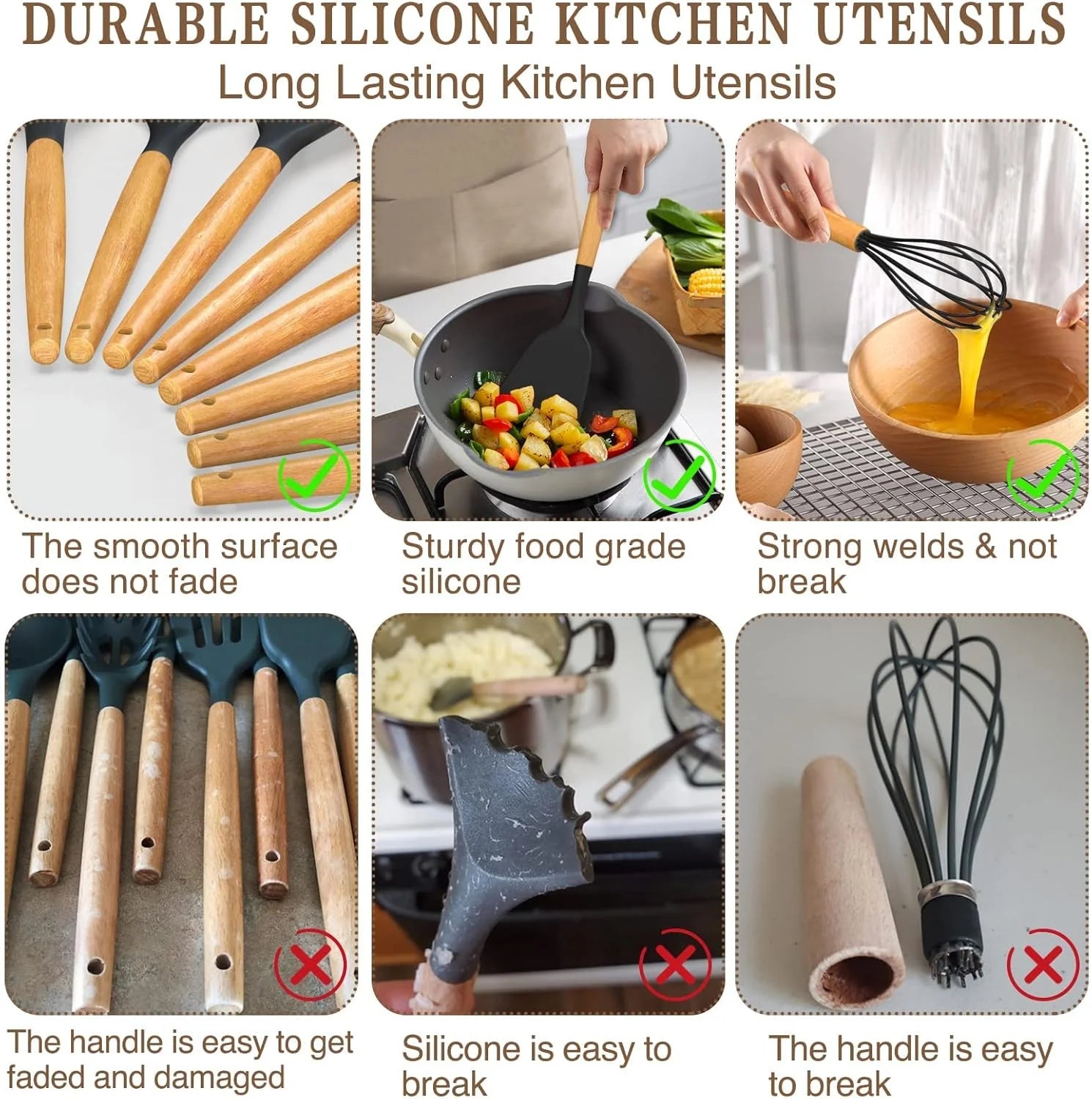 33-Piece Non-Stick Silicone Kitchen Utensils Set with Holder and Wooden Handles (Black)