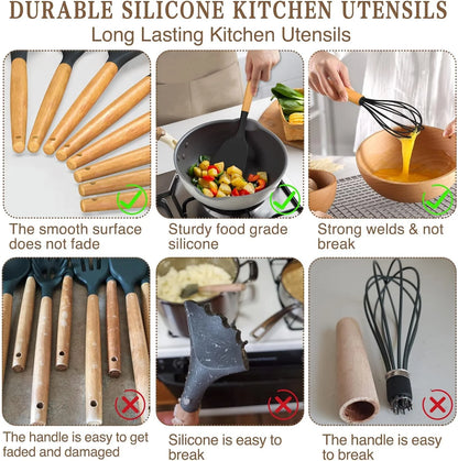33-Piece Non-Stick Silicone Kitchen Utensils Set with Holder and Wooden Handles (Black)