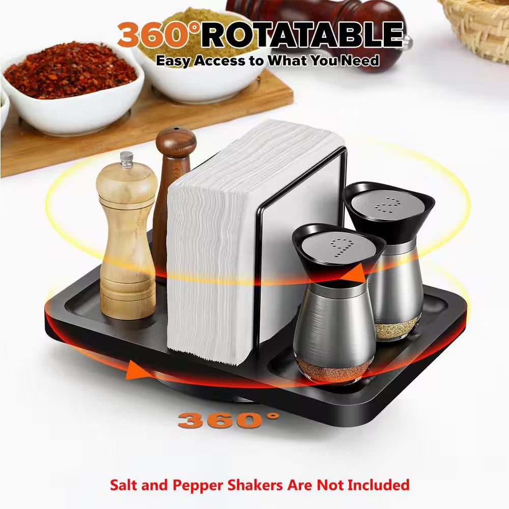 Black Metal Rotating Napkin Holder with Caddy for Salt and Pepper Shakers (Shakers Not Included)