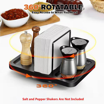 Black Metal Rotating Napkin Holder with Caddy for Salt and Pepper Shakers (Shakers Not Included)