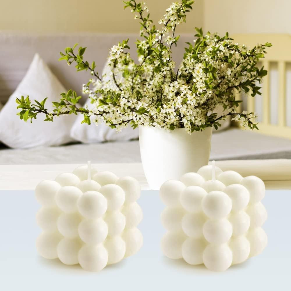 Vanilla Scented Bubble Cube Candles - Set of 2, Elegant Soy Candles for Home and Office Decor in Trendy Danish Pastel Design