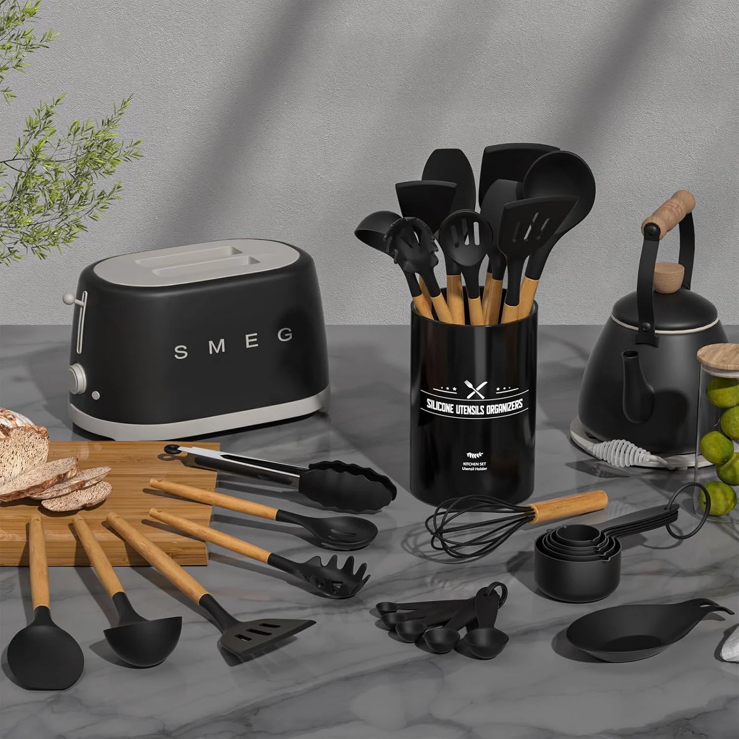 33-Piece Non-Stick Silicone Kitchen Utensils Set with Holder and Wooden Handles (Black)