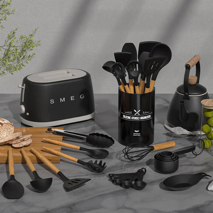 33-Piece Non-Stick Silicone Kitchen Utensils Set with Holder and Wooden Handles (Black)