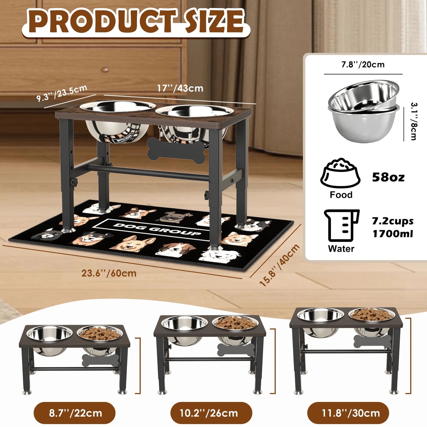 Elevated Adjustable Dog Bowl Stand with Two 58Oz Stainless Steel Bowls for Optimal Neck and Digestive Health