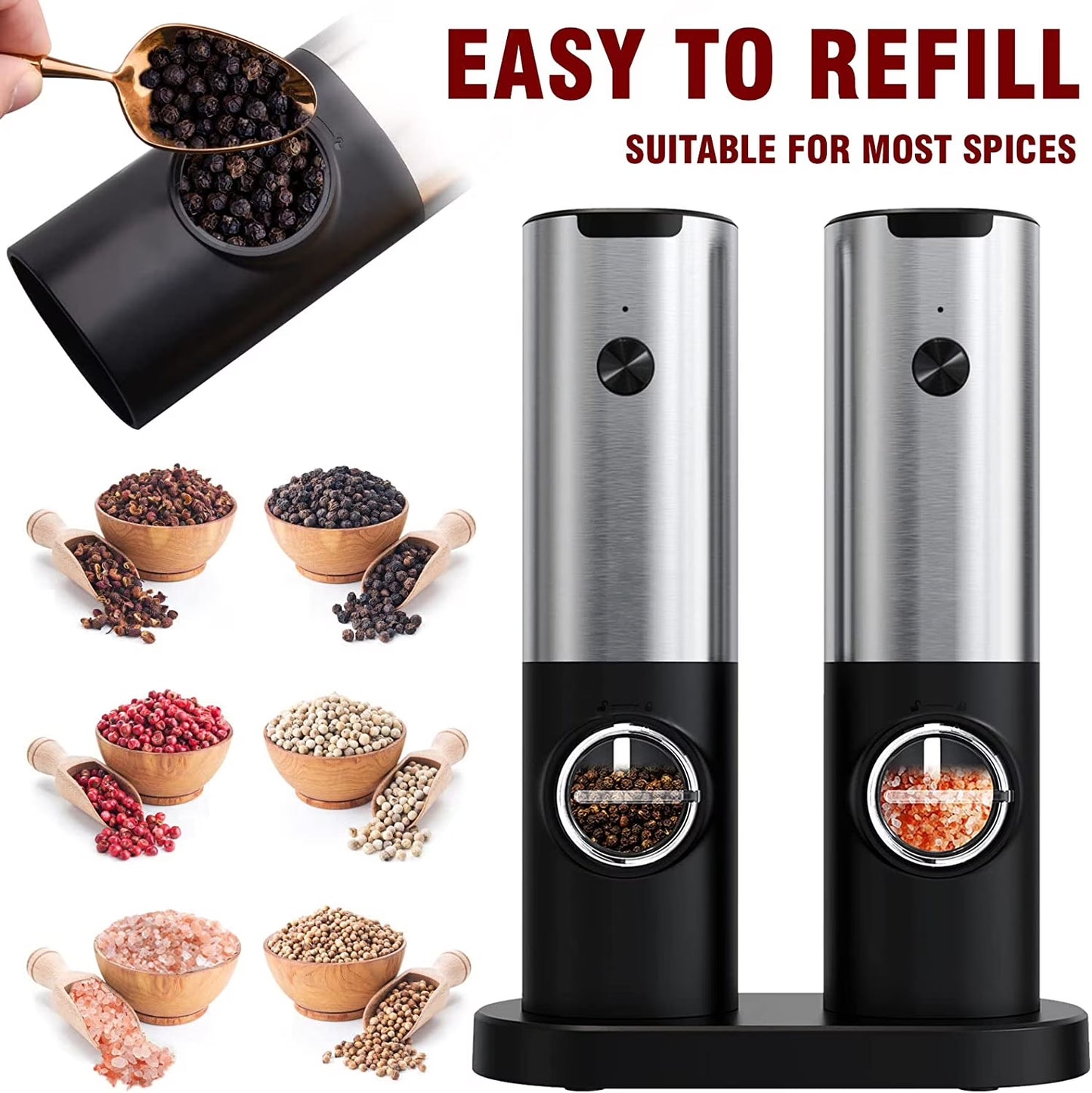 Electric Salt and Pepper Grinder Set - Automatic Rechargeable Spice Mill Shakers with LED Light, Adjustable Coarseness, One-Hand Operation, Stainless Steel Construction