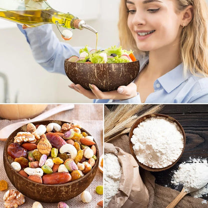 Natural Coconut Bowl Set for Salads and Smoothies with Wooden Ramen Bowls and Spoons - Eco-Friendly Kitchen Tableware