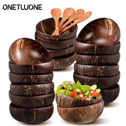 Natural Coconut Bowl Set for Salads and Smoothies with Wooden Ramen Bowls and Spoons - Eco-Friendly Kitchen Tableware