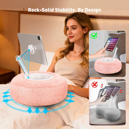 Kindle Pillow Stand, Magnetic Ipad Holder for Bed with Snack Bowl, 360° Adjustable Soft Tablet Lap Pillow for Reading, Compatible with Kindle, Tablet, Phone, Ideal Cozy Gift for Family(Pink)