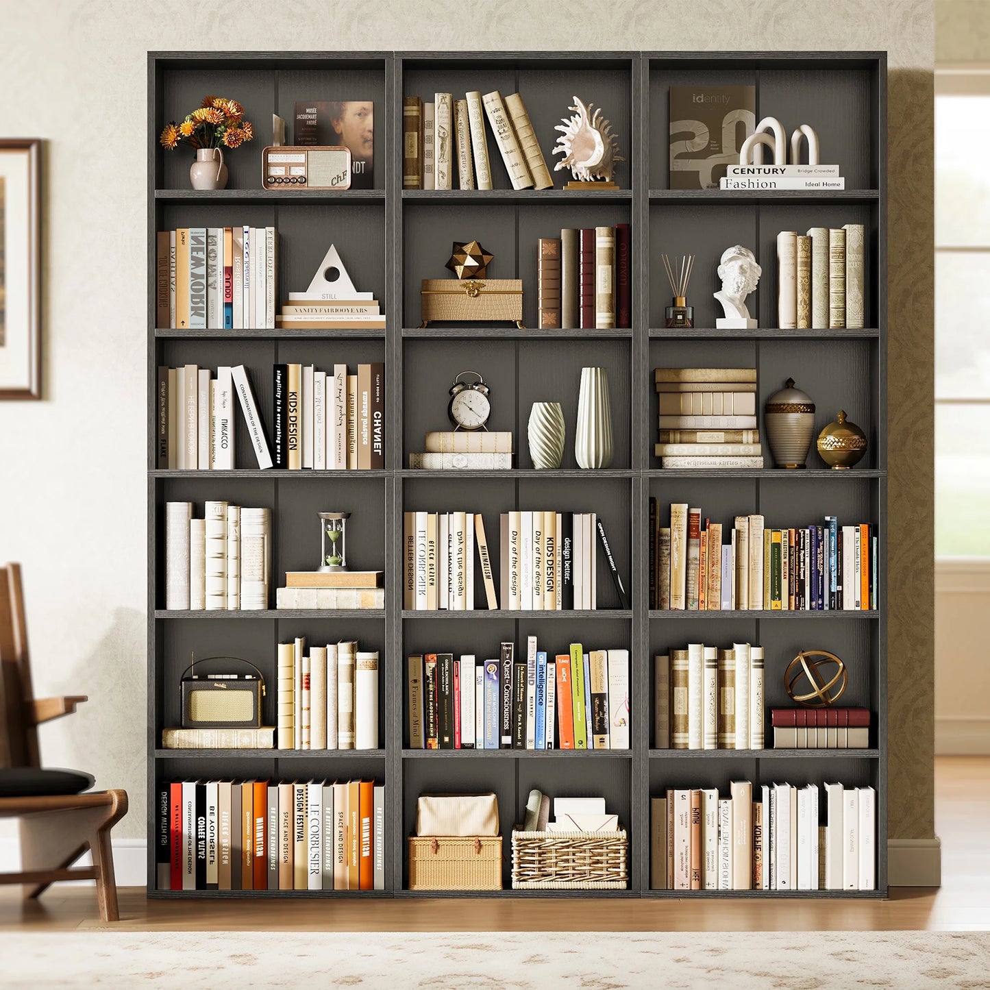 Tall 6-Tier Bookcase, Space-Saving Display Shelf for Living Room, Bedroom, and Home Office in Black
